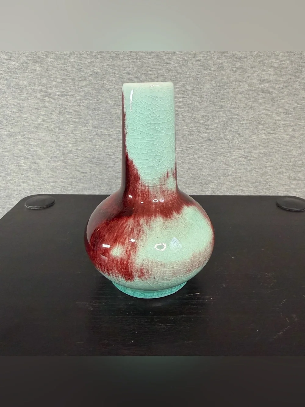 Vintage Chinese Jingdezhen Flambé Oxblood Celadon Crackle Vases Pair Blue Mark